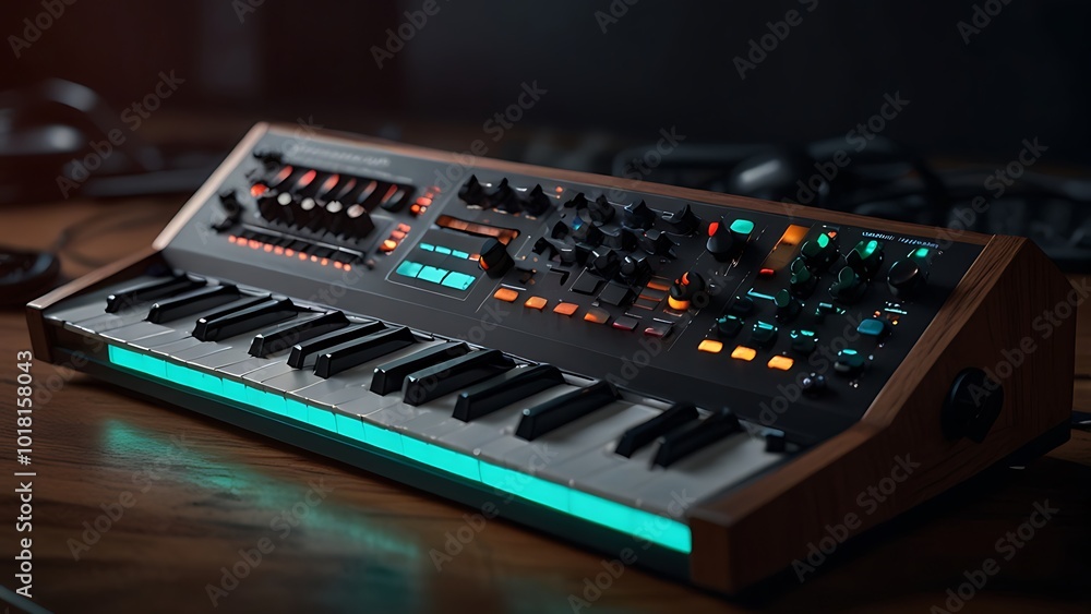 A futuristic digital synthesizer with LED-lit buttons and sliders, designed for creating electronic music. Bright display and cutting-edge sound design tools. A futuristic digital synthesizer with LED-lit buttons and sliders, designed for creating electronic music. Bright display and cutting-edge sound design tools.