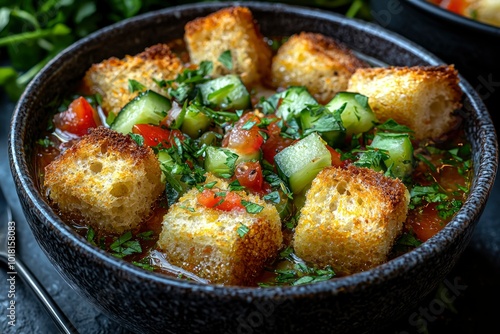 Gazpacho Soup with Croutons, Cucumber, and Parsley