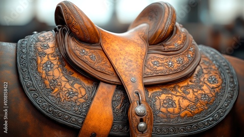 Detailed leather saddle showcasing intricate craftsmanship. photo