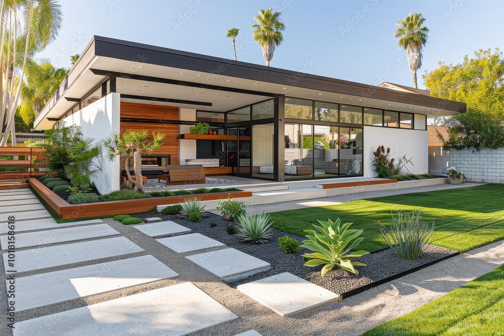 Photo & Art Print Mid-century modern front yard with white house ...