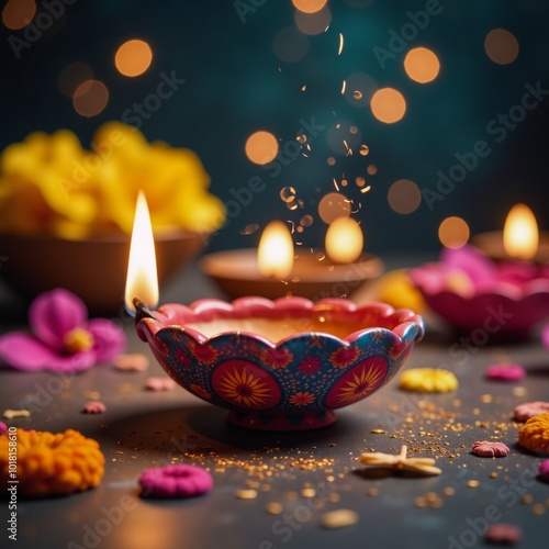 A watercolor oil lamp features colorful Diwali greetings against a vibrant backdrop surrounded by golden bokeh lights and sparkles photo