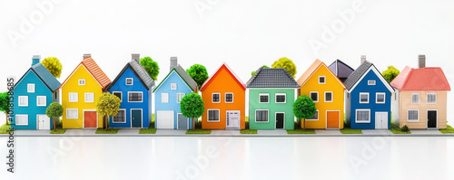 A colorful row of miniature houses with distinct styles, featuring vibrant rooftops and greenery, set against a neutral background.