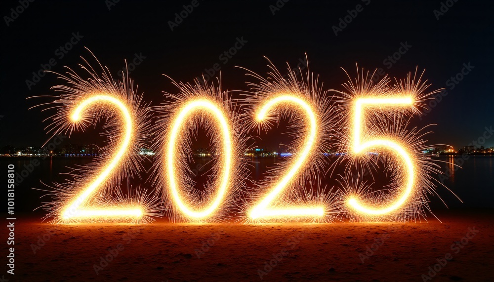 The year “2025” formed by the exploding sparks of a fireworks display. The sparks should be brightly colored and create a dynamic and festive design. The year “2025” formed by the exploding sparks of a fireworks display. The sparks should be brightly colored and create a dynamic and festive design.