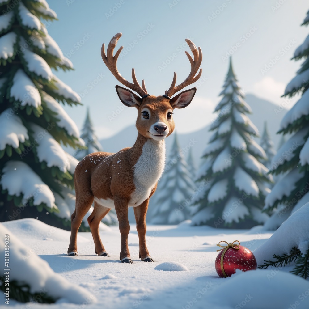 A 3D illustrated Christmas scene showcasing reindeer in a wintry forest A 3D illustrated Christmas scene showcasing reindeer in a wintry forest