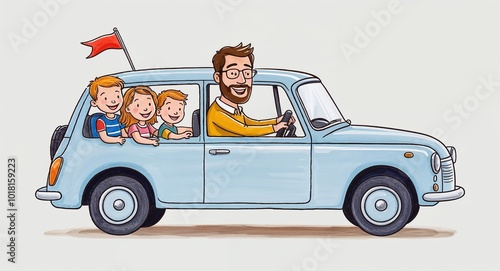 Hand drawing clipart of a father driving family to vacation on plain white background photo