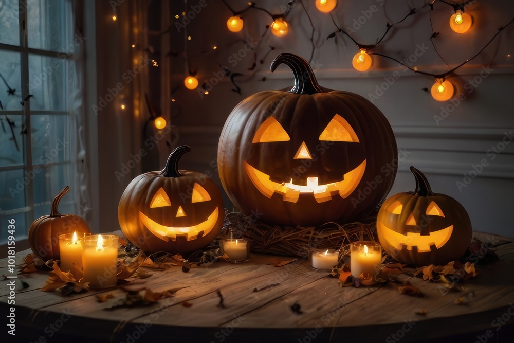 Cozy Halloween scene featuring a wooden table adorned with carved pumpkins each with cheer Cozy Halloween scene featuring a wooden table adorned with carved pumpkins each with cheer