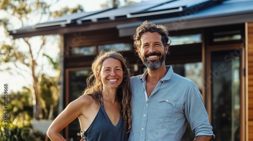 Happy couple smiling outdoors near modern home