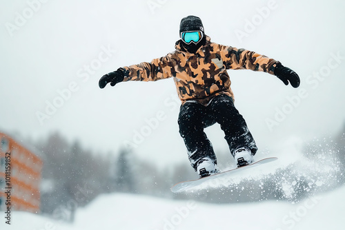 Extreme snowboarding on a fresh powder day, rider performing a stylish freestyle grab midjump, actionpacked winter sports photo