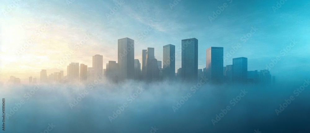 Foggy city skyline at sunrise with skyscrapers emerging above misty haze Foggy city skyline at sunrise with skyscrapers emerging above misty haze
