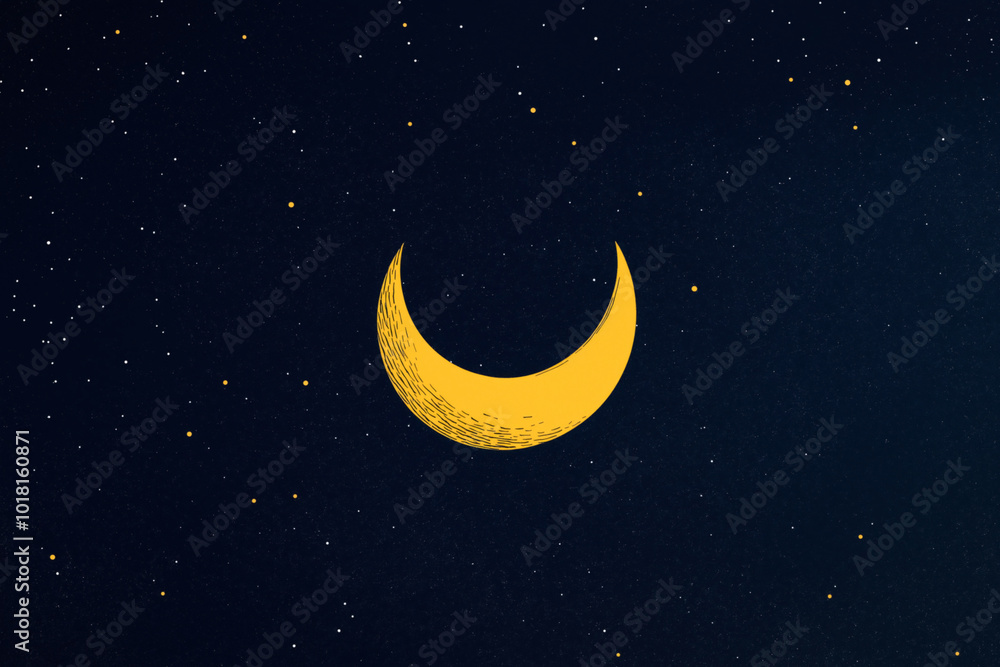 Illustration of a yellow crescent moon against a dark blue night sky filled with numerous small white and orange stars. Illustration of a yellow crescent moon against a dark blue night sky filled with numerous small white and orange stars.