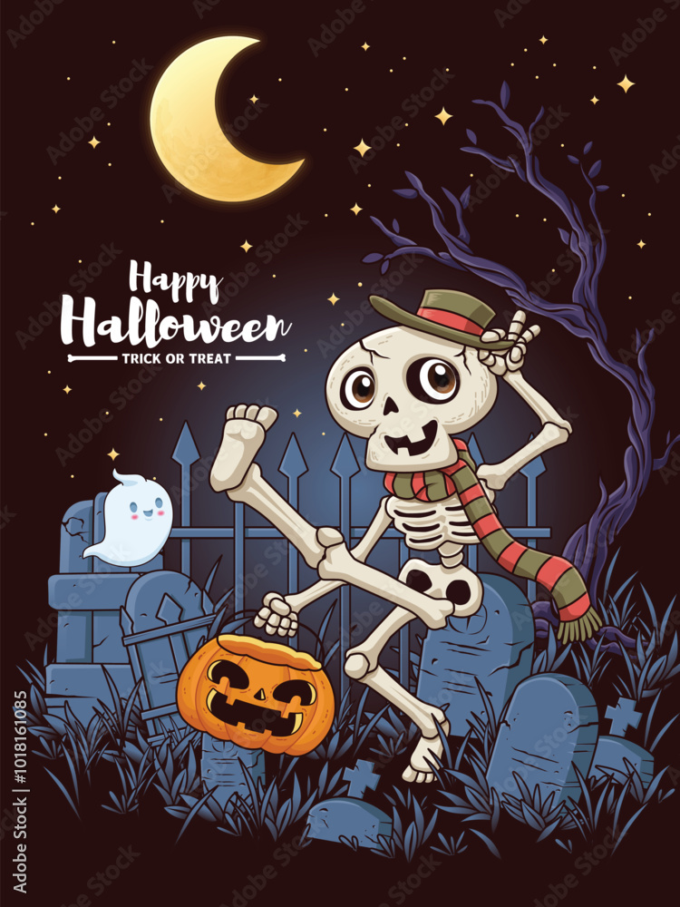 Fotografie Vintage Halloween poster design with vector skeleton, ghost character