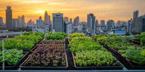 A vibrant rooftop garden filled with fresh greens, overlooking a city skyline at sunset, showcasing urban gardening and sustainability. photo