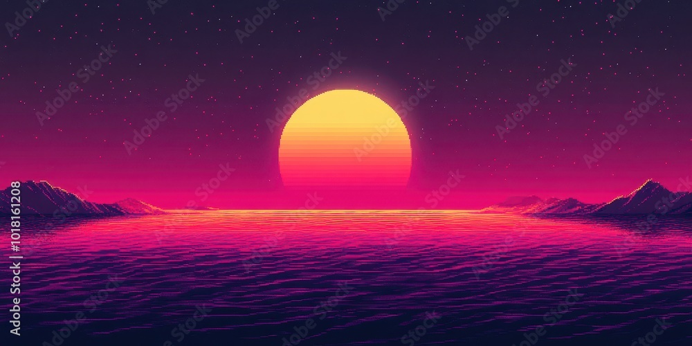 Fototapeta premium A vibrant sunset over the water, featuring vivid pink and orange hues, perfect for capturing serene landscapes.
