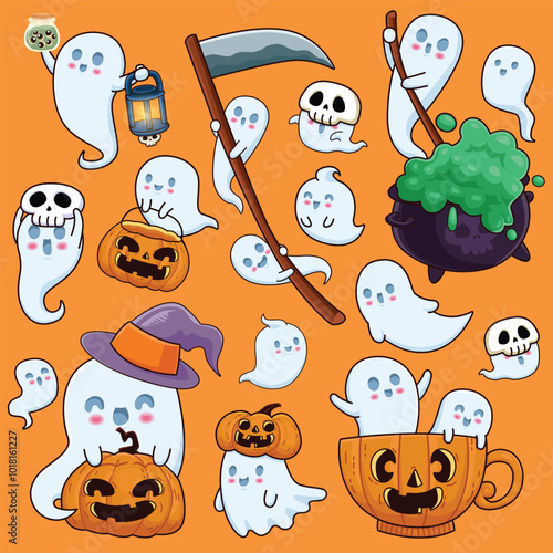 Vintage Halloween poster design with vector ghost character set. 