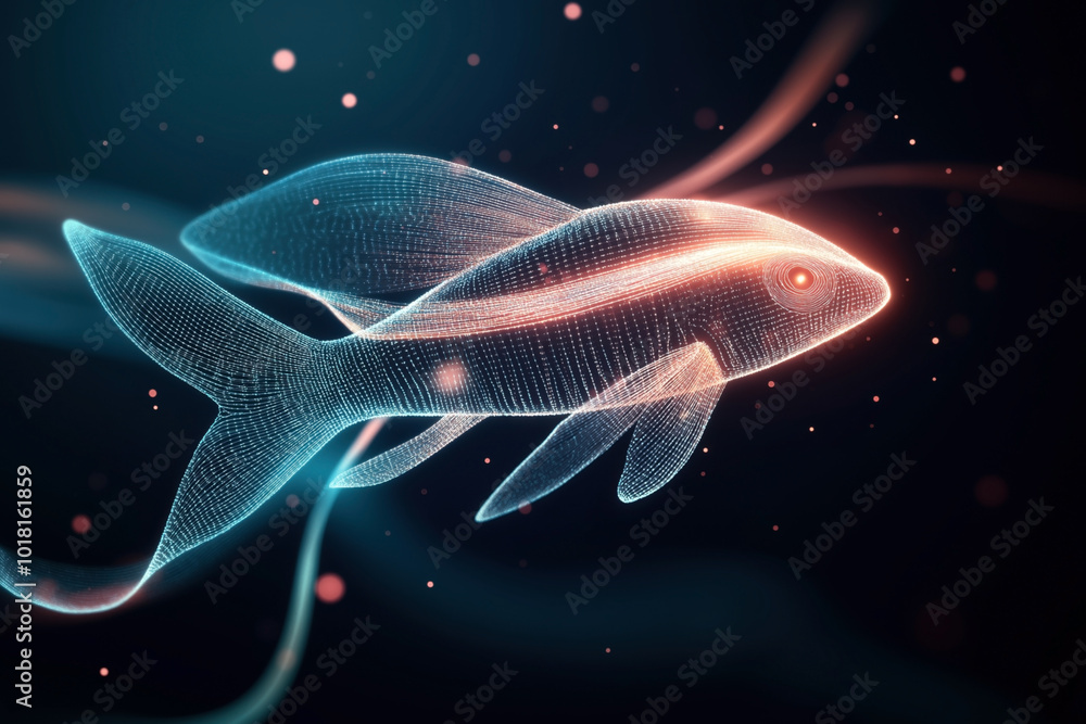 A digital illustration of two glowing fish with neon lines, creating a futuristic and abstract effect against a dark background with soft lights and particles. A digital illustration of two glowing fish with neon lines, creating a futuristic and abstract effect against a dark background with soft lights and particles.