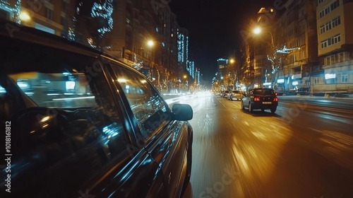 A black car drives through a city street at night  with bright lights and blurred motion  giving a sense of speed and urban life.