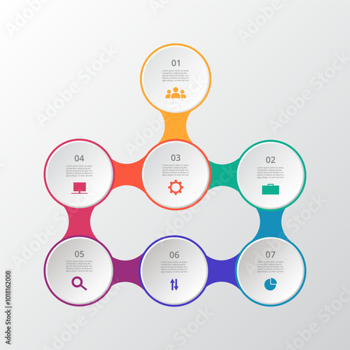 Molecule template with 7 steps, options, parts or processes. Presentation of nanotechnology, teamwork or business processes.