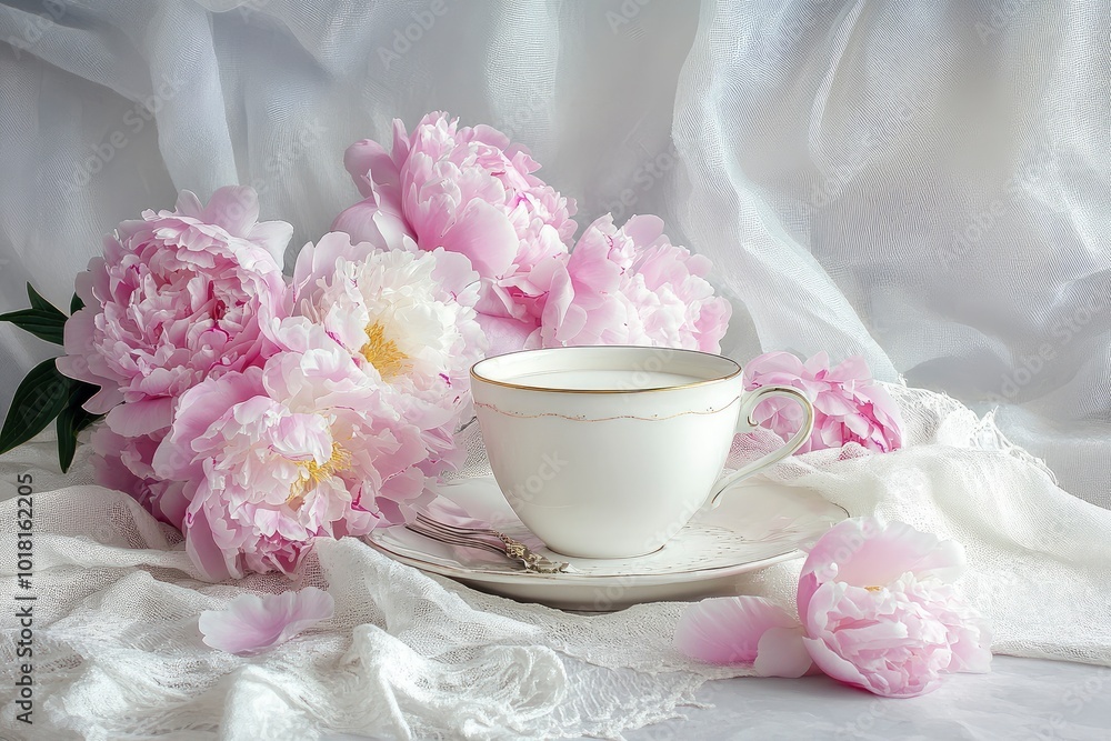 An enchanting scene of pink peonies, a comforting cup of coffee with milk, and feminine details, all beautifully arranged on a white backdrop. with generatife ai An enchanting scene of pink peonies, a comforting cup of coffee with milk, and feminine details, all beautifully arranged on a white backdrop. with generatife ai