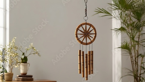 A metal or bamboo wind chime, promoting peace, harmony, and prosperity according to Vastu principles. Perfect for hanging in entryways or near windows.