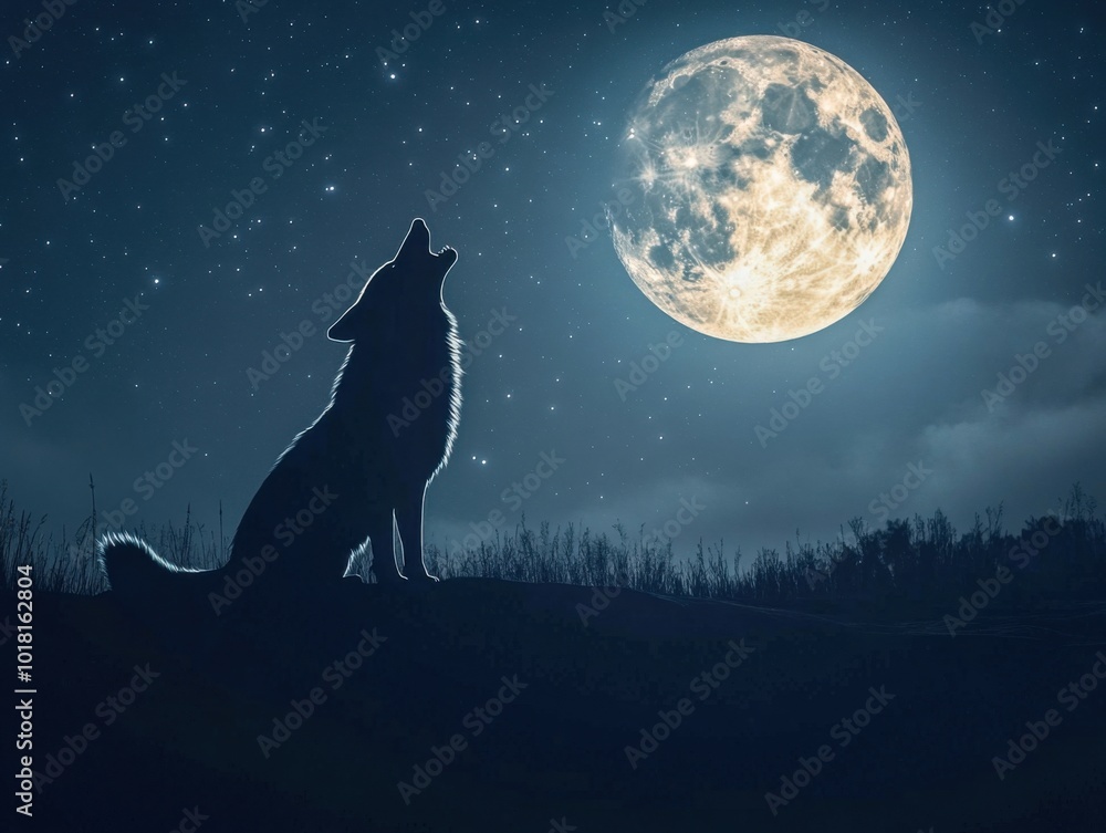 Lone wolf howling at the full moon under a starlit night sky Lone wolf howling at the full moon under a starlit night sky