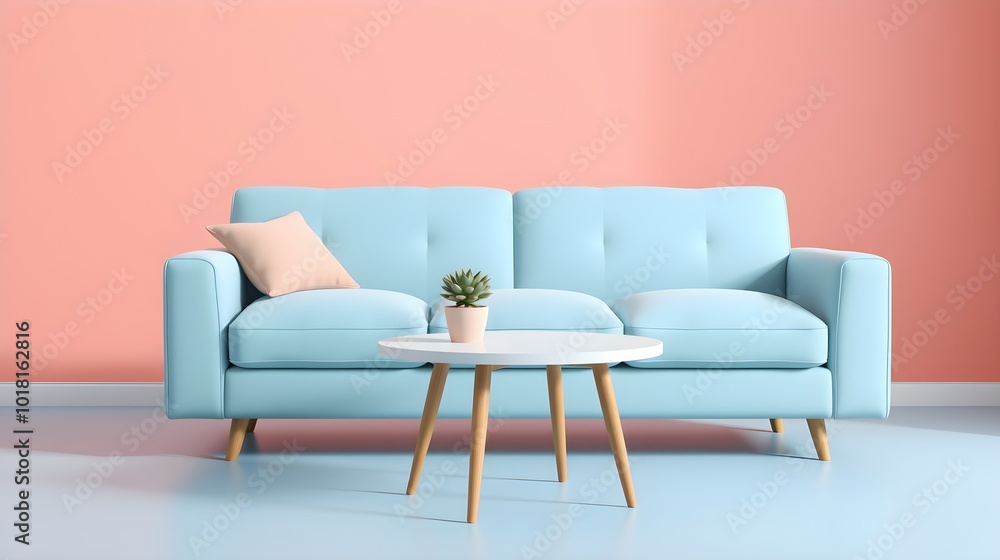 Pastel Blue Sofa, Coral Wall Pastel Blue Sofa, Coral Wall