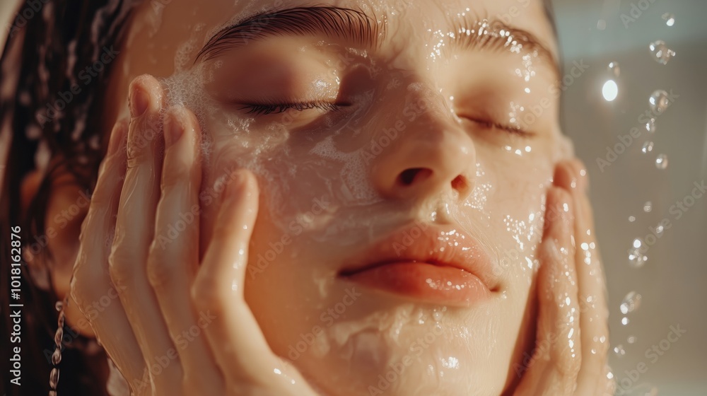 Skincare routine, woman cleansing face with foam, water droplets Skincare routine, woman cleansing face with foam, water droplets