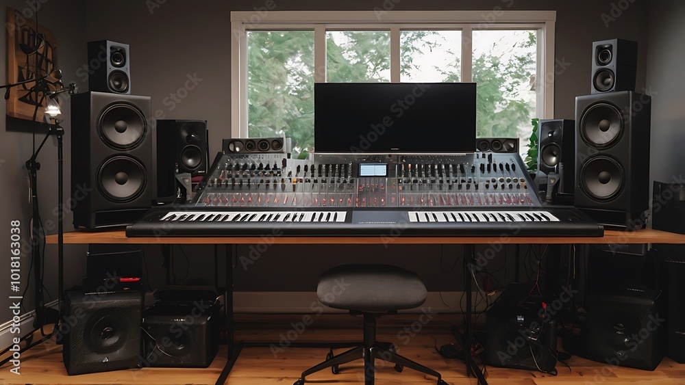 A professional home studio with a sound mixer, studio monitors, and a microphone setup. Designed for music production and mixing with crystal-clear sound. A professional home studio with a sound mixer, studio monitors, and a microphone setup. Designed for music production and mixing with crystal-clear sound.