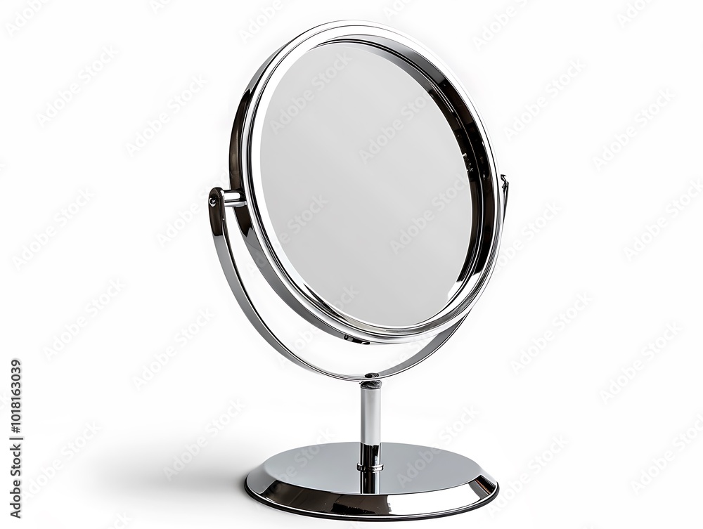 A modern round makeup mirror with chrome stand, isolated against white. A modern round makeup mirror with chrome stand, isolated against white.