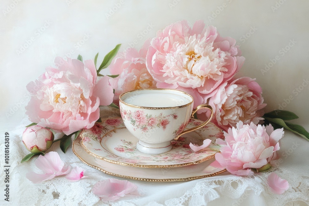 An enchanting scene of pink peonies, a comforting cup of coffee with milk, and feminine details, all beautifully arranged on a white backdrop. with generatife ai An enchanting scene of pink peonies, a comforting cup of coffee with milk, and feminine details, all beautifully arranged on a white backdrop. with generatife ai