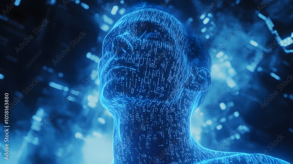 A blue digital human face made of binary code, glowing with an aura of data and technology. A blue digital human face made of binary code, glowing with an aura of data and technology.