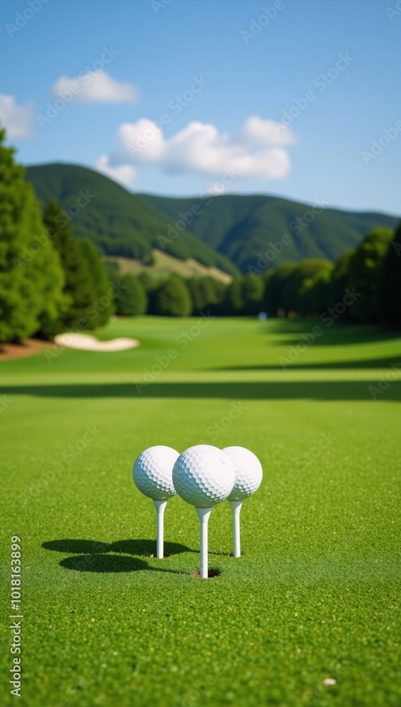 Stylized image featuring peaceful golf course landscape with undulating greens and towering trees Stylized image featuring peaceful golf course landscape with undulating greens and towering trees
