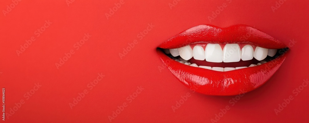 Obraz premium Red lips with sharp white teeth in a close-up shot, framed by a bright red background, offering a bold and striking visual in pop-art style