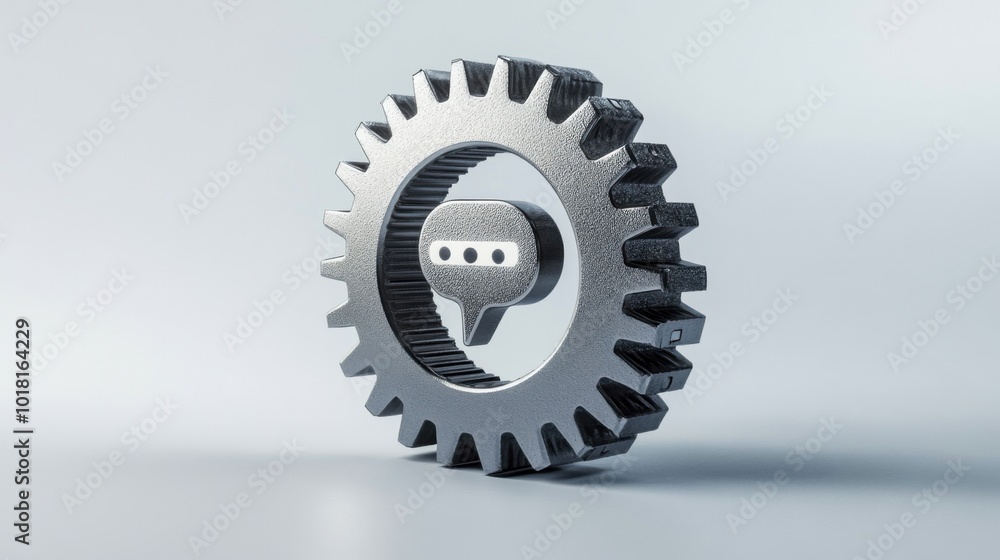 Metallic gear with speech bubble inside isolated on gray background concept of technology and communication Metallic gear with speech bubble inside isolated on gray background concept of technology and communication