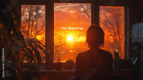 A person looking out of a window in a cozy room, gazing at a sunrise with the words "New Beginnings" written in the sky, representing mental clarity after therapy.