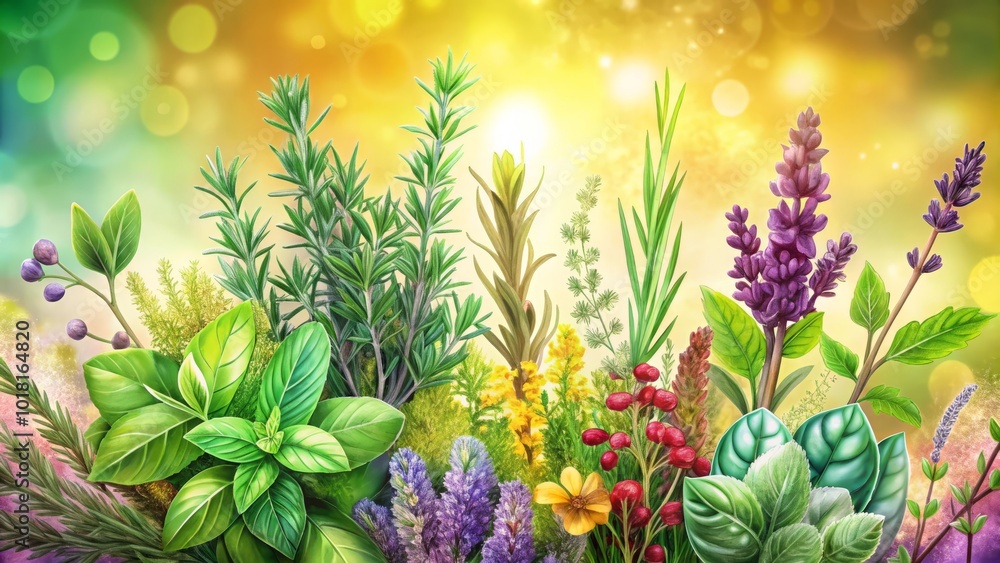 Fototapeta premium Explore a delightful assortment of colorful hand-drawn herb sketches, tailored for botanical lovers who appreciate artistic interpretations of
