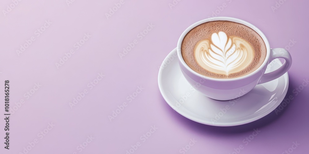 Delicious latte art in a white cup on a soft lavender background, perfect for coffee lovers and food photography. Delicious latte art in a white cup on a soft lavender background, perfect for coffee lovers and food photography.