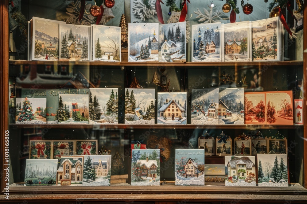 Greeting cards on the Christmas shop showcase, festive holiday display scene. Greeting cards on the Christmas shop showcase, festive holiday display scene.