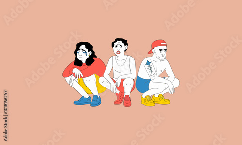 Three men squatting together, wearing casual street wear
