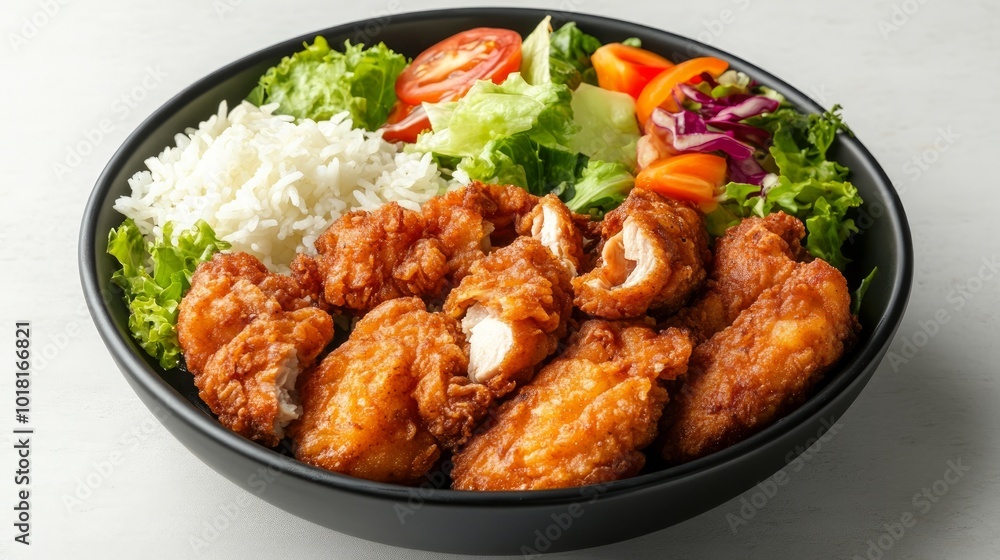 A bowl of fried chicken with rice and a side salad. A bowl of fried chicken with rice and a side salad.