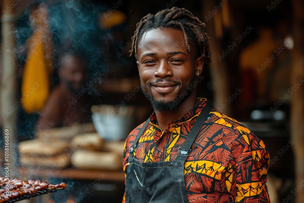 A Smiling Black Man in a Colorful Shirt and Apron Standing Near a Smokeless Grill A Smiling Black Man in a Colorful Shirt and Apron Standing Near a Smokeless Grill