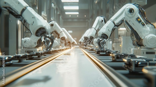 Robotic arms assembling components on production line in advanced manufacturing facility