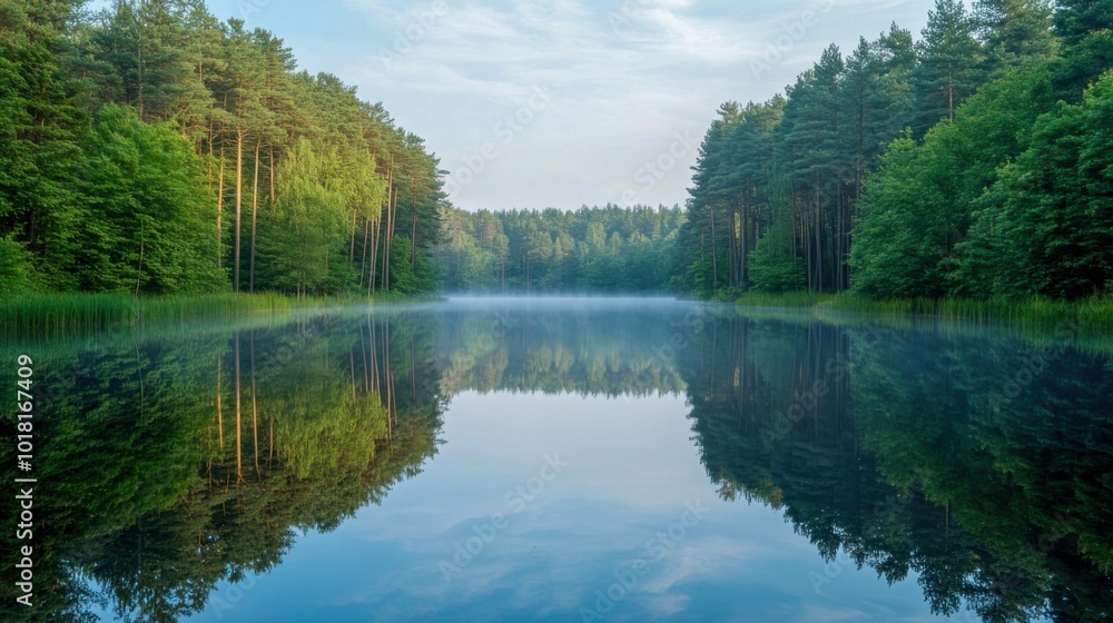 Serene forest lake with reflections of surrounding trees on calm water surface