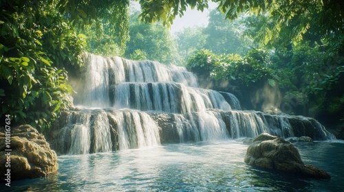 Serene morning waterfall flowing in lush jungle landscape with mist and sunlight