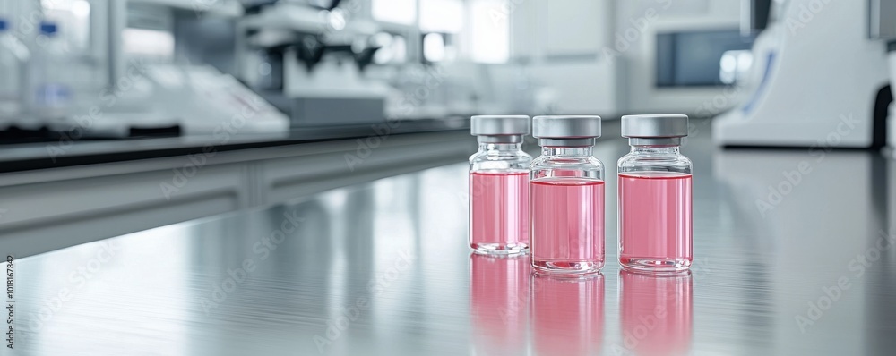 Glass vials with pink liquid on a laboratory table, modern lab setting. Glass vials with pink liquid on a laboratory table, modern lab setting.