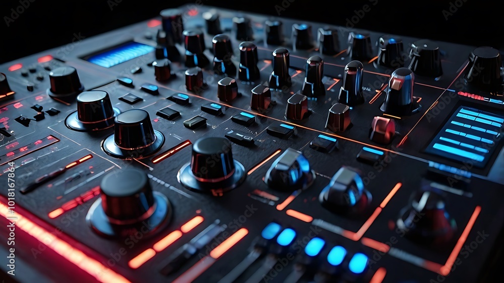 A futuristic digital synthesizer with LED-lit buttons and sliders, designed for creating electronic music. Bright display and cutting-edge sound design tools. A futuristic digital synthesizer with LED-lit buttons and sliders, designed for creating electronic music. Bright display and cutting-edge sound design tools.