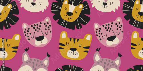 Seamless pattern with tiger, lion, leopard and lynx. Hand drawn feline animals design for children's textiles, clothing, notebook covers and wrapping paper.
