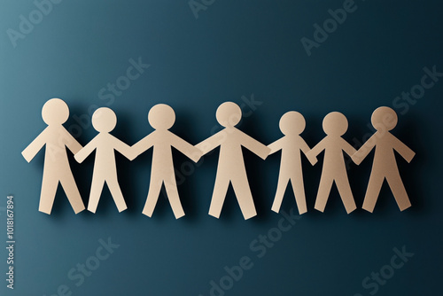 Paper cut-out figures of people holding hands in a row against a dark blue background, symbolizing unity, teamwork, and community.