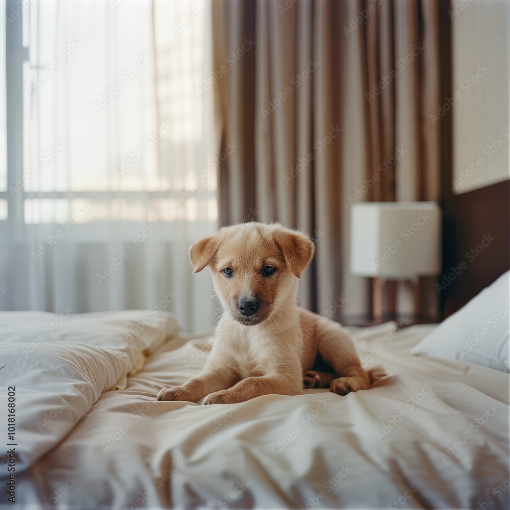 A fluffy puppy sits adorably on a neatly made bed, bathed in warm sunlight filtering through a window, embodying comfort and innocence. A fluffy puppy sits adorably on a neatly made bed, bathed in warm sunlight filtering through a window, embodying comfort and innocence.