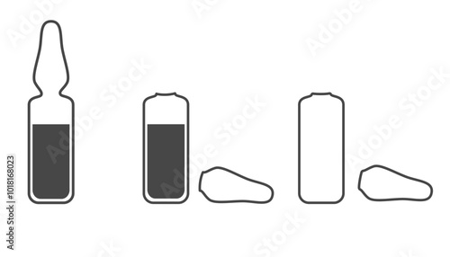 Set of lineart medical ampoule icons, close and open with liquid for injection