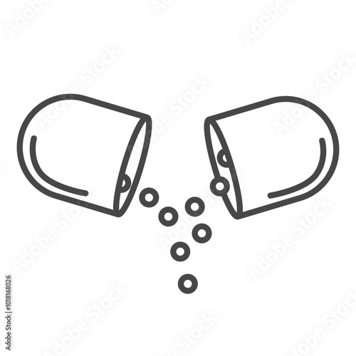 Flat vector open capsule pill icon, releasing tiny beads. Open medical tablet, falling blue balls from pill. Pharmacy concept